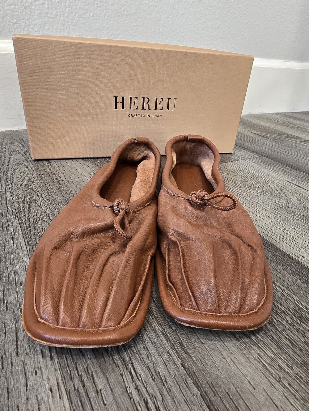 HEREU Puntera Pleat-Toe Leather Ballet Flats Chestnut Brown Size 35 / US 5 - Picture 7 of 10